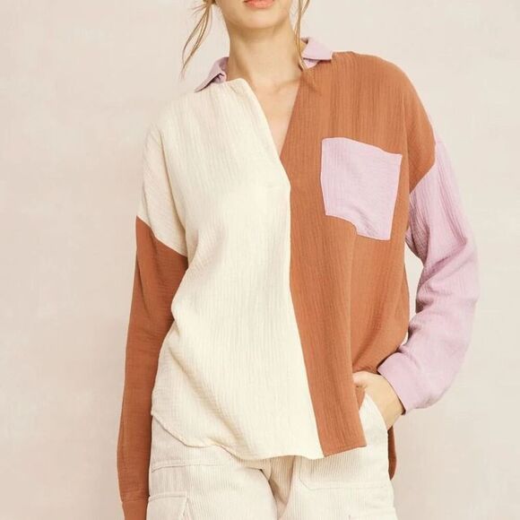 Anthropologie ENTRO Women's Colorblock V-Neck Collared Blouse Size S - Picture 1 of 10